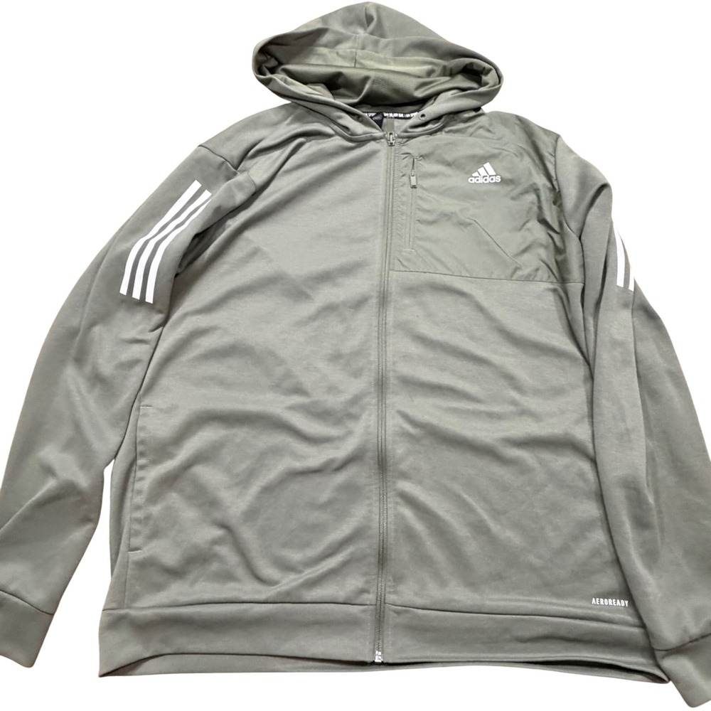 Adidas Aeroready Mens 2XL Full Zip Hoodie Olive Green Training Jacket 3 Stripe